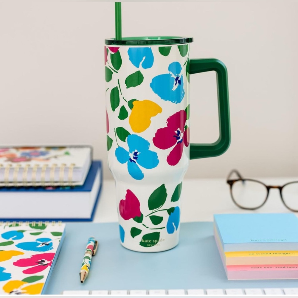 Kate Spade 40 Oz. Tumbler with Handle & Straw (Painterly Bouquet) NWT MSRP: $46 - Picture 1 of 11